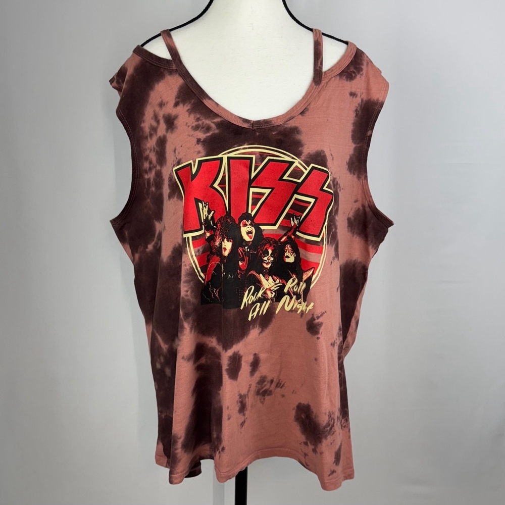 KISS Band Rock & Roll All Night Tank Top Womens 2X Plus Tie Dye Brown Sleeveless